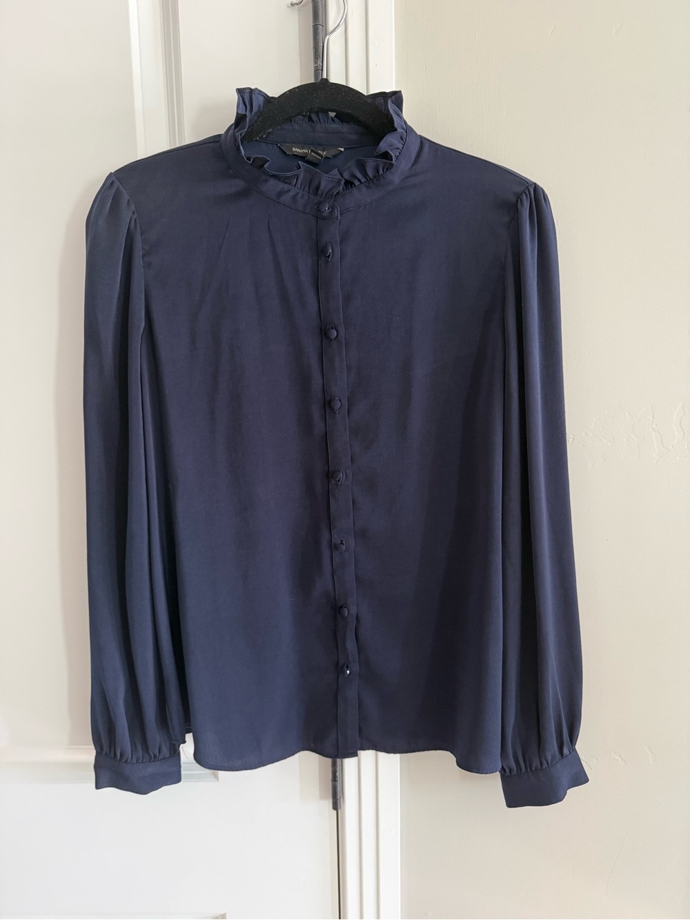Banana Republic Navy Ruffle Collar Button-Front Dress Shirt, M